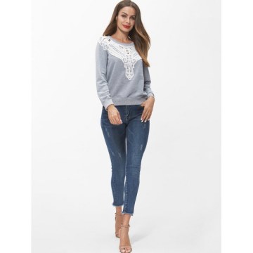 Lace Panel Long Sleeve Sweatshirt - Light Gray
