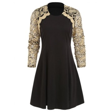 Lace Panel Round Collar A Line Dress - Black
