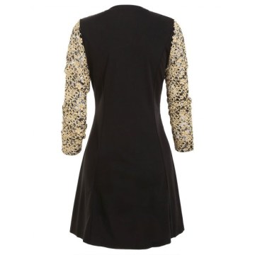 Lace Panel Round Collar A Line Dress - Black