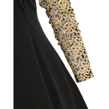 Lace Panel Round Collar A Line Dress - Black