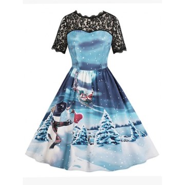 Lace Panel Snowman Print A Line Dress - Blue