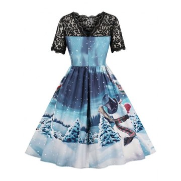 Lace Panel Snowman Print A Line Dress - Blue