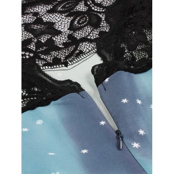 Lace Panel Snowman Print A Line Dress - Blue