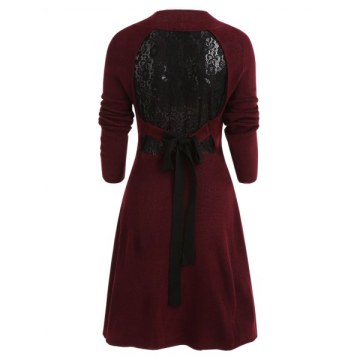 Lace Panel Tie Waist Knit Dress - Red Wine