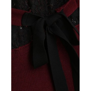 Lace Panel Tie Waist Knit Dress - Red Wine