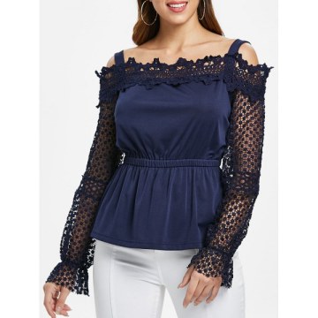 Lace leeve Elastic Waist Blouse - Midnight Blue