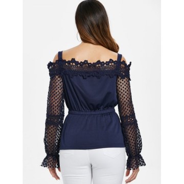 Lace leeve Elastic Waist Blouse - Midnight Blue