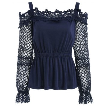 Lace leeve Elastic Waist Blouse - Midnight Blue