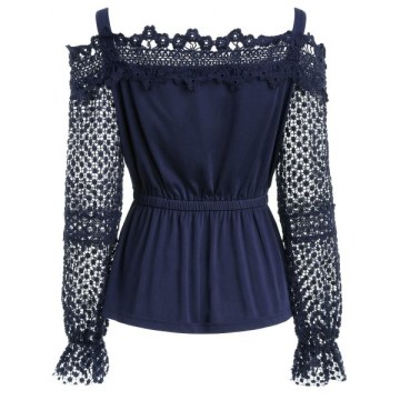 Lace leeve Elastic Waist Blouse - Midnight Blue