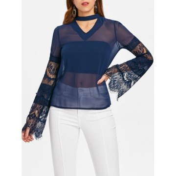 Lace Sleeve See Through Blouse - Blue