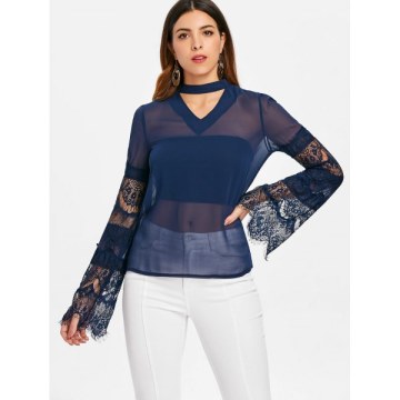 Lace Sleeve See Through Blouse - Blue