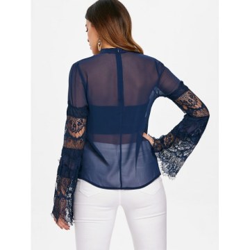 Lace Sleeve See Through Blouse - Blue