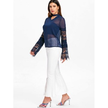 Lace Sleeve See Through Blouse - Blue