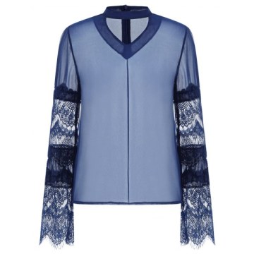 Lace Sleeve See Through Blouse - Blue