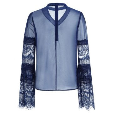 Lace Sleeve See Through Blouse - Blue
