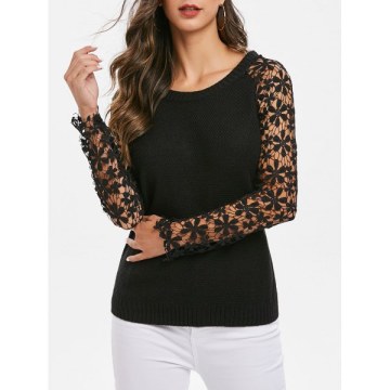 Lace Sleeves Solid Pullover Knitwear - Black One