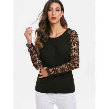 Lace Sleeves Solid Pullover Knitwear - Black One