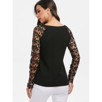 Lace Sleeves Solid Pullover Knitwear - Black One