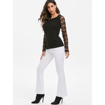 Lace Sleeves Solid Pullover Knitwear - Black One