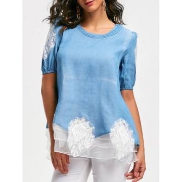 Lace Splicing Sweet Scoop Neck Diamante 1/2 Sleeve Denim Women's Blouse - Blue