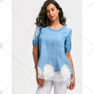 Lace Splicing Sweet Scoop Neck Diamante 1/2 Sleeve Denim Women's Blouse - Blue