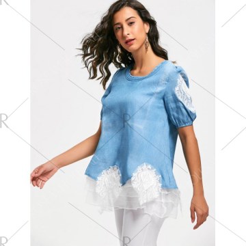 Lace Splicing Sweet Scoop Neck Diamante 1/2 Sleeve Denim Women's Blouse - Blue
