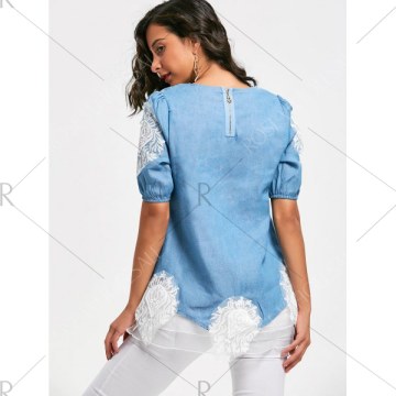 Lace Splicing Sweet Scoop Neck Diamante 1/2 Sleeve Denim Women's Blouse - Blue