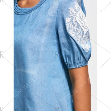 Lace Splicing Sweet Scoop Neck Diamante 1/2 Sleeve Denim Women's Blouse - Blue