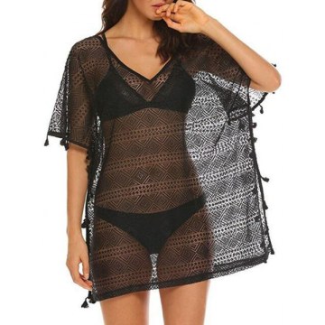 Lace Tassel Trim V Neck Slit Cover Up - Black One