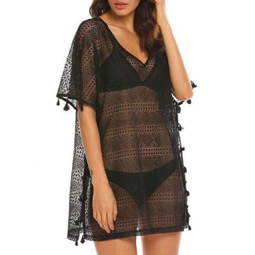 Lace Tassel Trim V Neck Slit Cover Up - Black One
