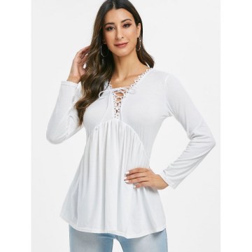 Lace Trim Lace-up Long leeve Top - White