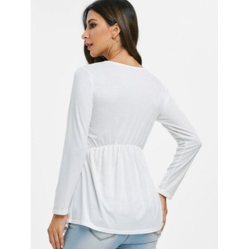 Lace Trim Lace-up Long leeve Top - White