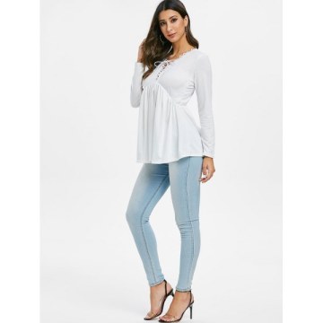 Lace Trim Lace-up Long leeve Top - White