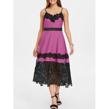 Lace Trim Vintage Spaghetti Strap idi Dress - Rose Red