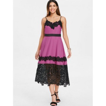 Lace Trim Vintage Spaghetti Strap idi Dress - Rose Red