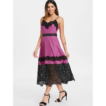 Lace Trim Vintage Spaghetti Strap idi Dress - Rose Red