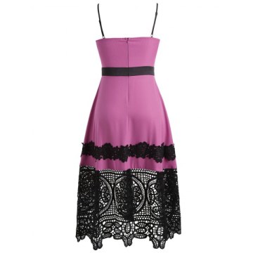 Lace Trim Vintage Spaghetti Strap idi Dress - Rose Red