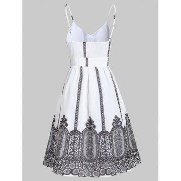 Lace-up Backless Printed Spaghetti Strap Dress - White