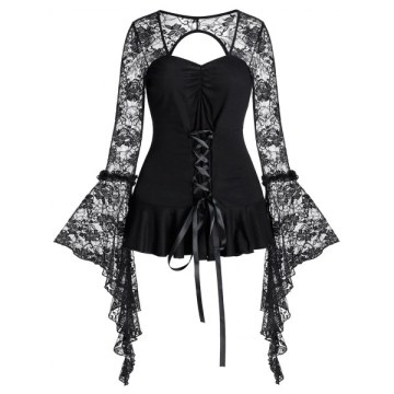 Lace Up Bell Sleeve Lace Sheer Gothic Flounce Cutout Tee - Night