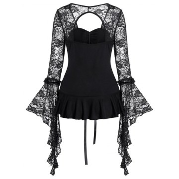 Lace Up Bell Sleeve Lace Sheer Gothic Flounce Cutout Tee - Night