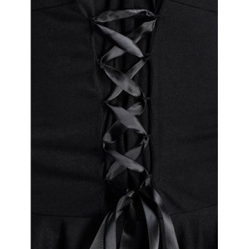 Lace Up Bell Sleeve Lace Sheer Gothic Flounce Cutout Tee - Night