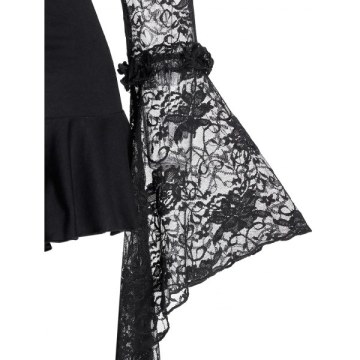 Lace Up Bell Sleeve Lace Sheer Gothic Flounce Cutout Tee - Night