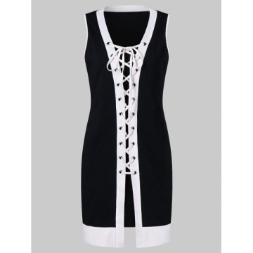 ace Up Contrasting Trim Dress With Cami Dress - Black