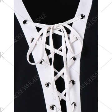 ace Up Contrasting Trim Dress With Cami Dress - Black