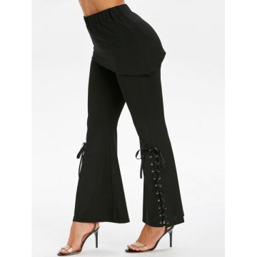 Lace Up Flare Bottom Skirted Pants - Black