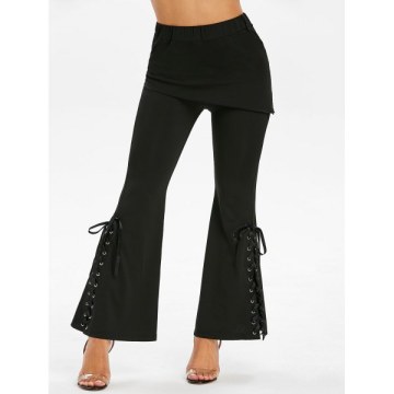 Lace Up Flare Bottom Skirted Pants - Black