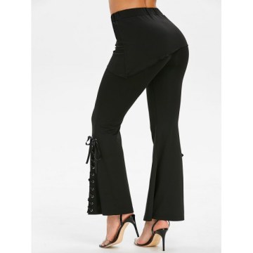 Lace Up Flare Bottom Skirted Pants - Black