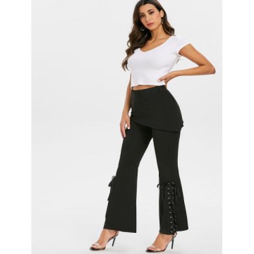 Lace Up Flare Bottom Skirted Pants - Black
