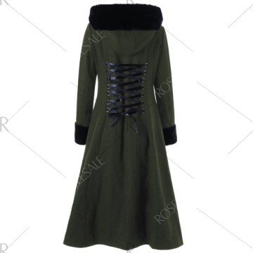 Lace Up Longline Hooded Coat - Olive Green