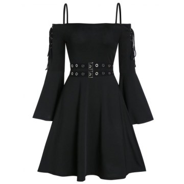 Lace Up Open Shoulder Spaghetti Strap Gothic Dress - Black